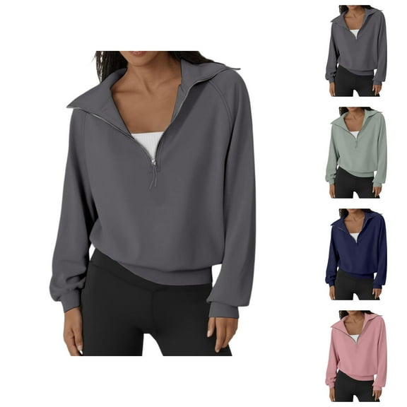 Women Clothing Women's Solid Sweatshirt Women's Zip Up Hoodless Sweatshirt Casual Long Sleeve Pullover For Spring Fall Daily Wear With Jeans Comfortable Lightweight Soft Pure Color