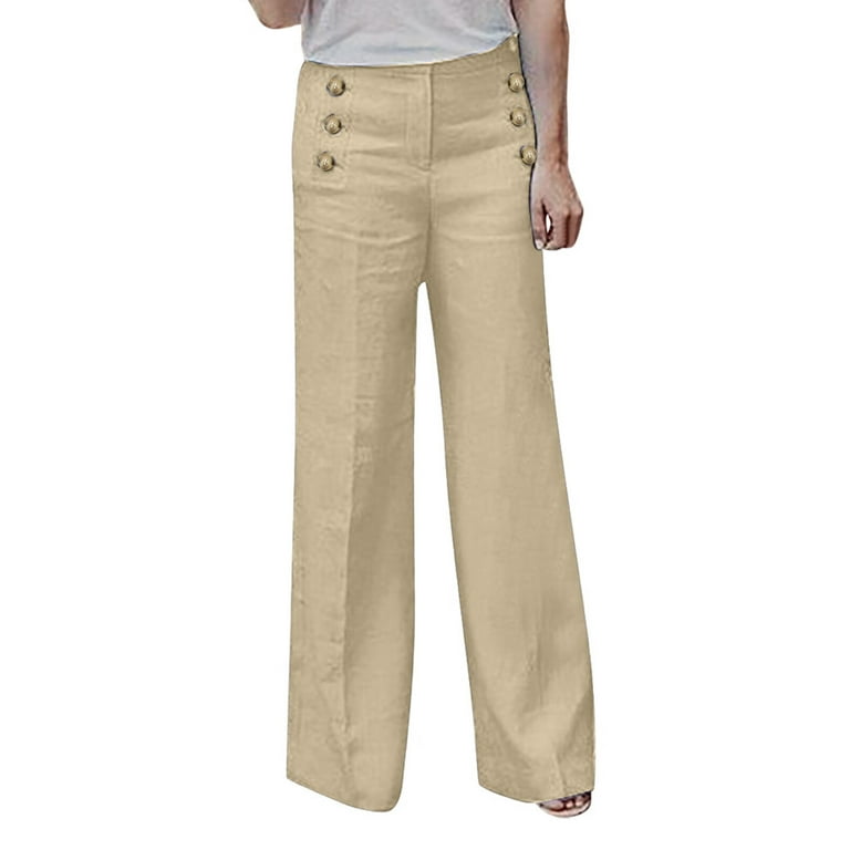 Women Clothing Womens Solid Color High Waist Double Breasted Wide Leg  Regular Fit Pants Casual Pants for Women Polyester Spandex Beige