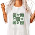thumbnail image 1 of Women Clover Bow Checkered Cotton Graphic Top Round-neck Printed Cotton T Shirt White S-5XL, 1 of 4