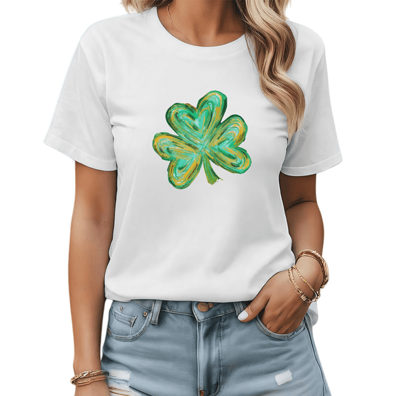 Women Clover Brushstroke Cotton Graphic Top Round-neck Printed Cotton T Shirt White S-5XL