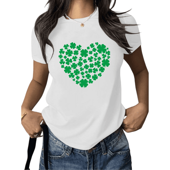 Women Clover Green Heart Cotton Graphic Top Round-neck Printed Cotton T Shirt Black S-5XL