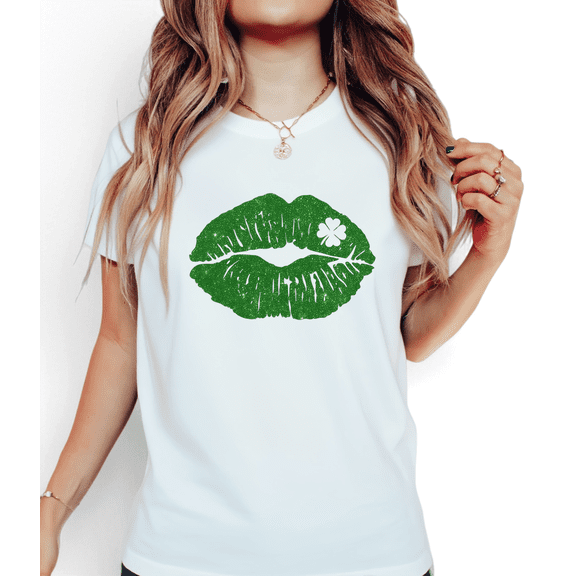 Women Clover Green Lip St Patricks Day Cotton Graphic Top Round-neck Printed Cotton T Shirt White S-5XL