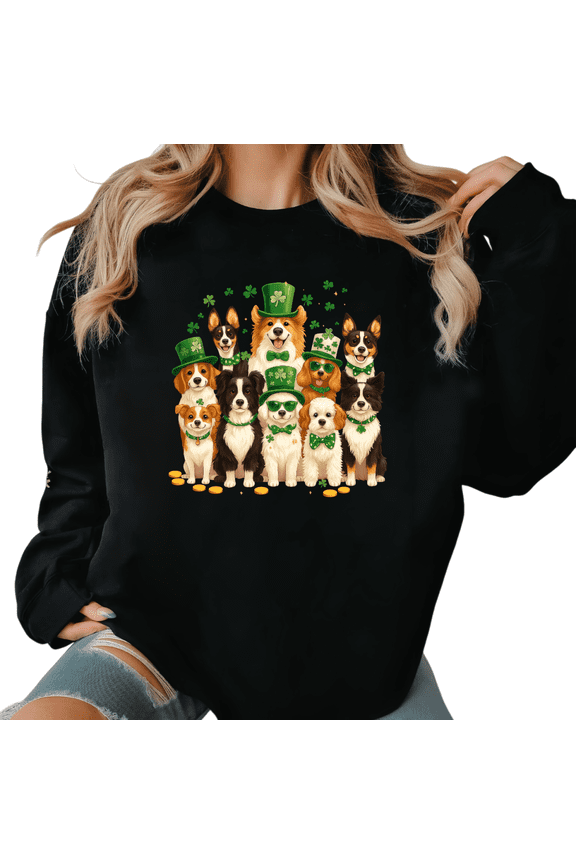 Women Clover Hat Dog Group St Patricks Day Cotton Graphic Round-neck long-sleeved Black S-3XL