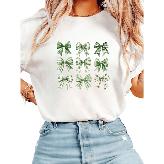 Women Clover Patterned Bow Cotton Graphic Top Round-neck Printed Cotton T Shirt White S-5XL