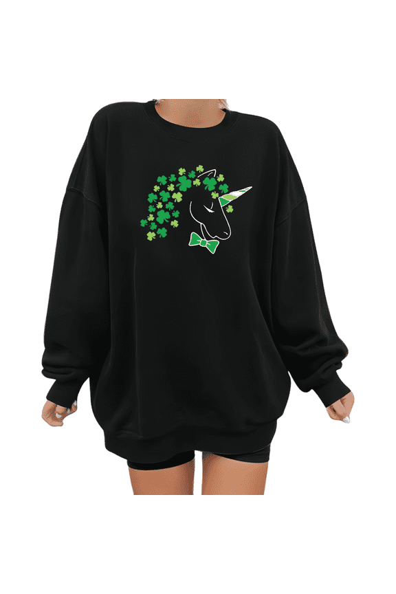Women Clover Unicorn St Patricks Day Cotton Graphic Round-neck long-sleeved Black S-3XL