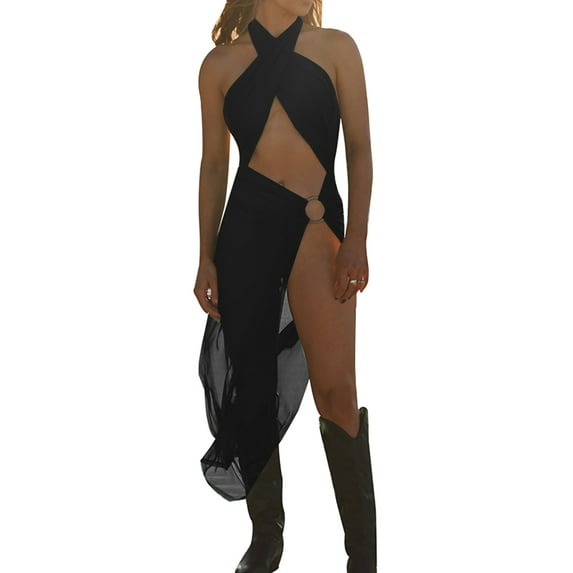 Women Club Beach Dress Sleeveless Cross Halter Neck Backless Cutout Split Hem See-Through Long Dress