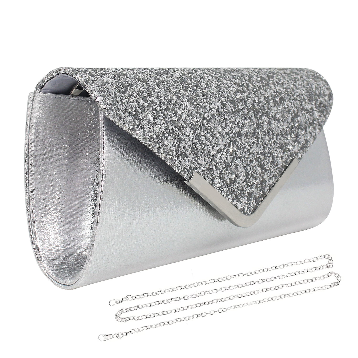 Silver Glittered Envelope Clutch Purse Evening Bag For Women