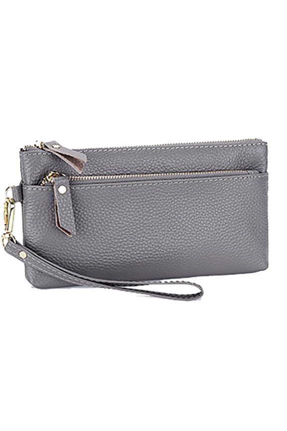 Women Clutch Genuine Leather Zipper Wallet Purse with Wriststrap.