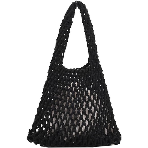 Women Clutch Handbag Tote Cotton Crochet Bucket Top-handle Drawstring Summer Beach Woven Fishing Net Pouch Purse