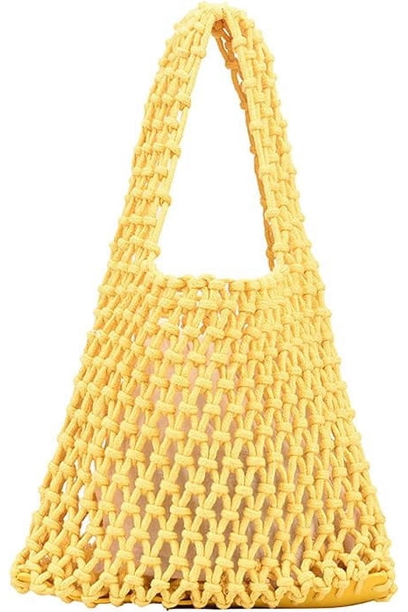 Women Clutch Handbag Tote Cotton Crochet Bucket Top-handle Drawstring Summer Beach Woven Fishing Net Pouch Purse