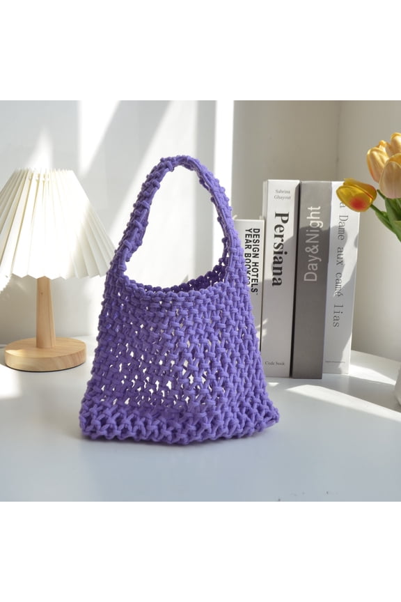 Women Clutch Handbag Tote Cotton Crochet Bucket Top-handle Drawstring Summer Beach Woven Fishing Net Pouch Purse