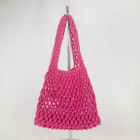 Women Clutch Handbag Tote Cotton Crochet Bucket Top-handle Drawstring Summer Beach Woven Fishing Net Pouch Purse