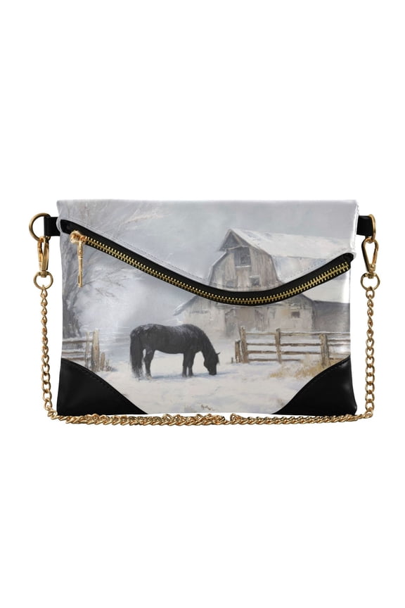 Women Clutch Purse Elegant Crossbody Shoulder Bag with Wristlet & Crossbody Strap Black Horse and An Old Barn