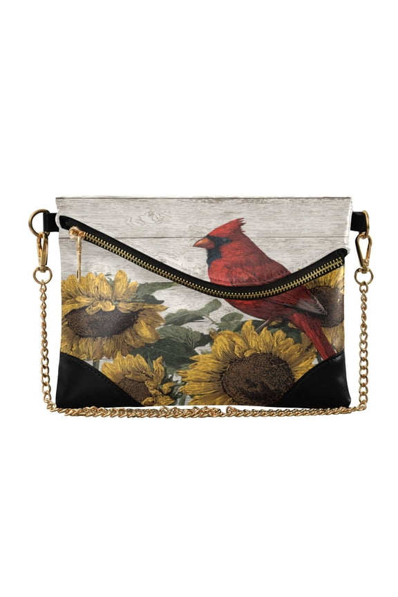 Women Clutch Purse Elegant Crossbody Shoulder Bag with Wristlet & Crossbody Strap Red Bird Sitting on Sunflower