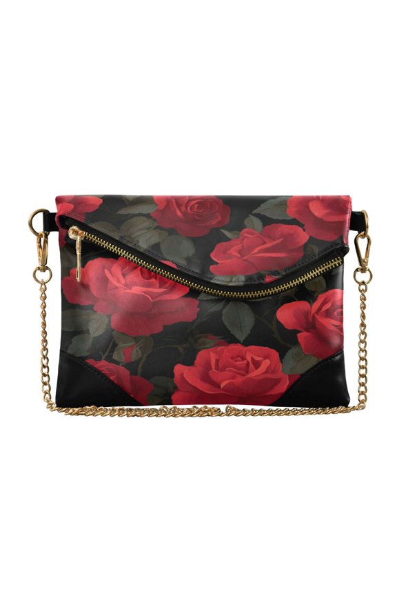 Women Clutch Purse Elegant Crossbody Shoulder Bag with Wristlet & Crossbody Strap Red Roses Pattern