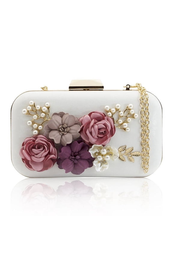 Women Clutches Purses Bags Flower Leather Envelope Pearl Wallet Evening Handbag(white)
