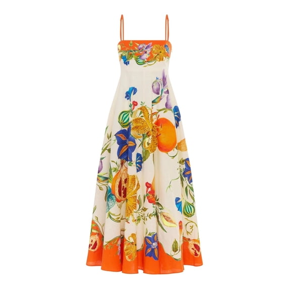 Women Coastal Print Maxi Dress Spaghetti Strap High Waist Flowy Linen Look Sundress