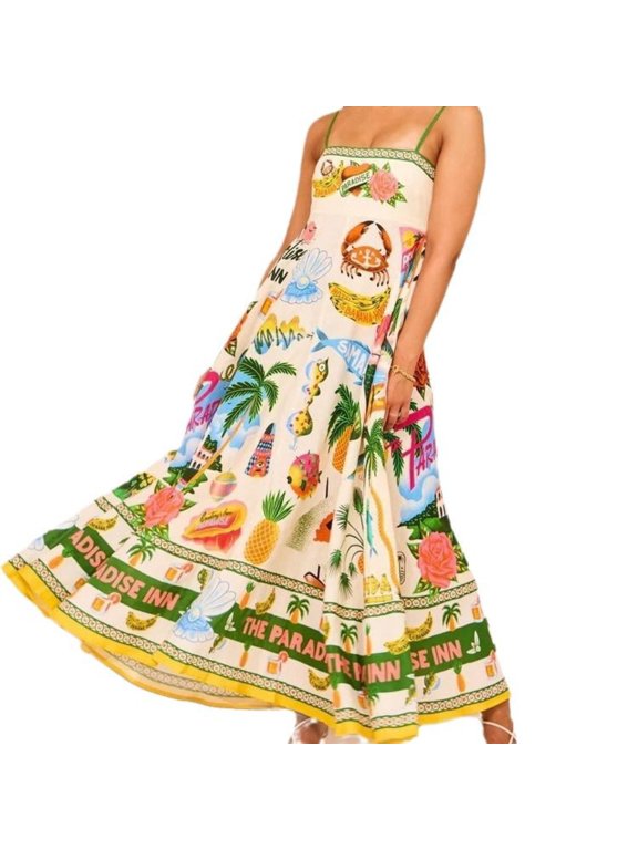 Women Coastal Print Maxi Dress Spaghetti Strap High Waist Flowy Linen Look Sundress