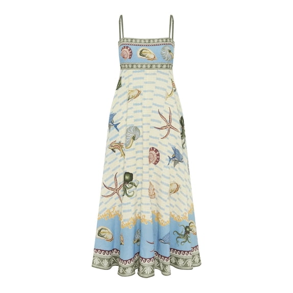 Women Coastal Print Maxi Dress Spaghetti Strap High Waist Flowy Linen Look Sundress