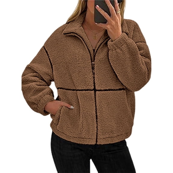 Women Coat Casual Lapel Full Zip Fleece Jacket Long Sleeve Oversized Warm Winter Outwear with Pockets Brown XXL