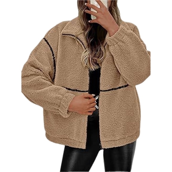 Women Coat Casual Lapel Full Zip Fleece Jacket Long Sleeve Oversized Warm Winter Outwear with Pockets Khaki M