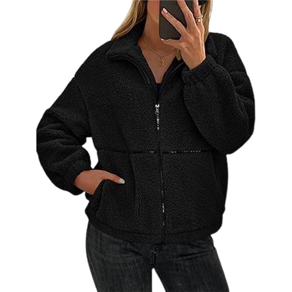 Women Coat Casual Lapel Full Zip Fleece Jacket Long Sleeve Oversized Warm Winter Outwear with Pockets