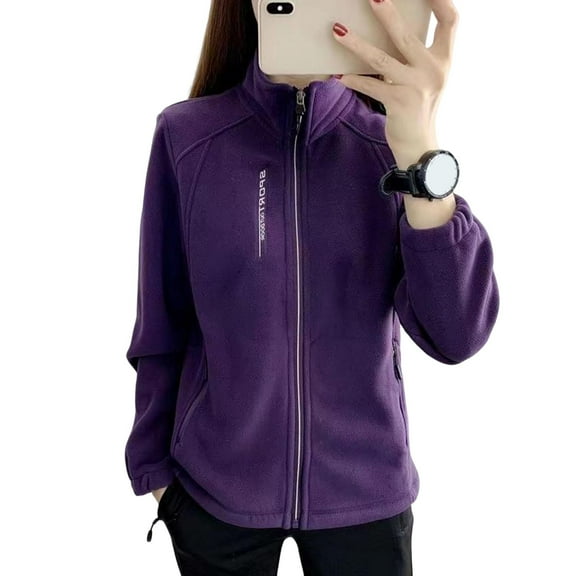 Women Coat Stand Collar Zip-up Polar Fleece Sport Style Long Sleeves Zipperes Pockets Solid Color Thick Plush Jacket Thermal Cardigan Exercise Jogging Coat