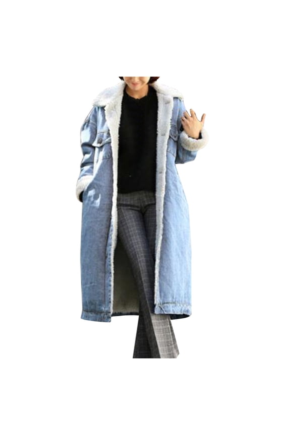 Women Coat Winter Jean Jacket Thicken Warm Long Denim Outwear with Pocket Coat