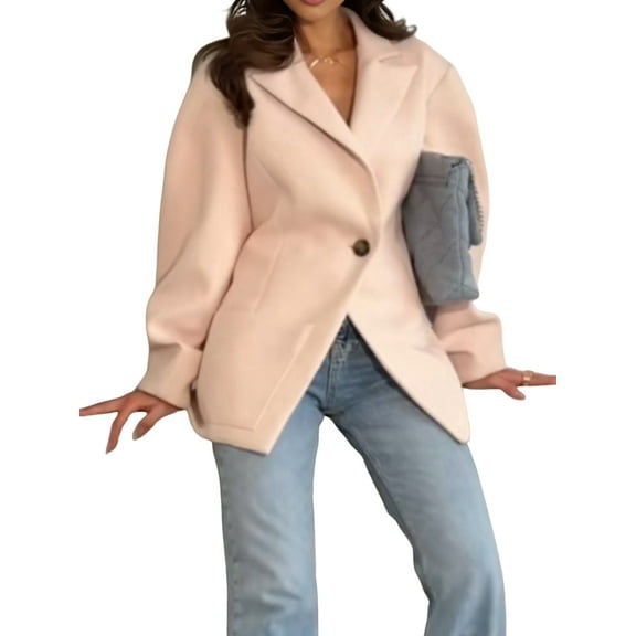 Women Coat Wool Blend Office Work Lapel Collar Winter Jacket Trench Coat Pink S