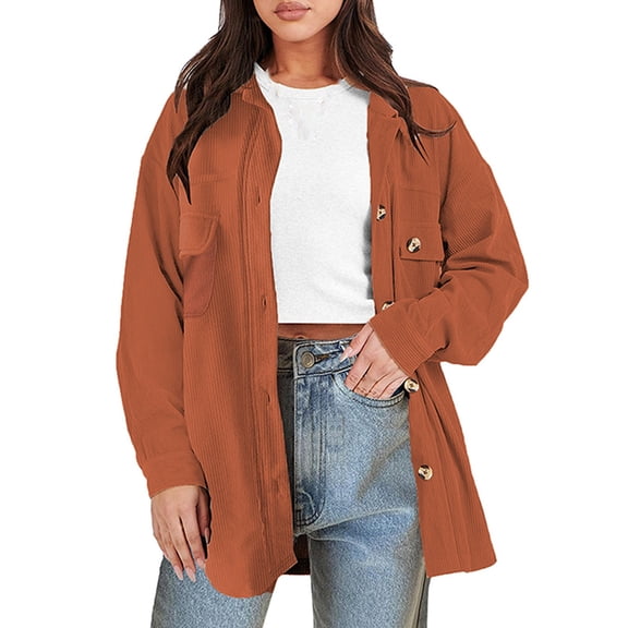 Women Coats Corduroy Shacket Oversized Long Sleeve Button Down Shirts Cardigan Jacket Coats Female Warm Clothing