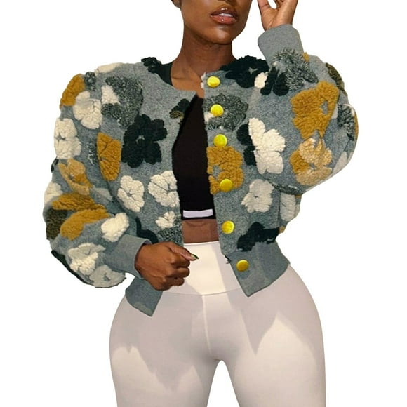 Women Coats Crop Jacket Flower Fuzzy Button Down Puff Long Sleeve Short Wool Blend Coat Elegant Over Coats