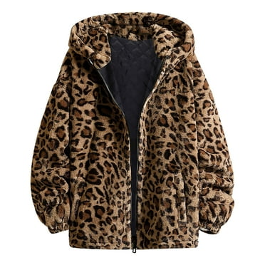 Women Coats Long Sleeve Leopard Fuzzy Zipper Hooded Jacket Coats With Pocket Warm Winter Outwear