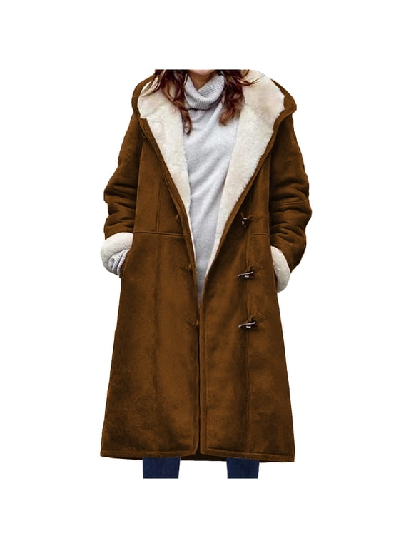 Women Coats Plus Size Clearance with Hood Women Winter Warm Composite Plush Button Lapels Jacket Outwear Coat