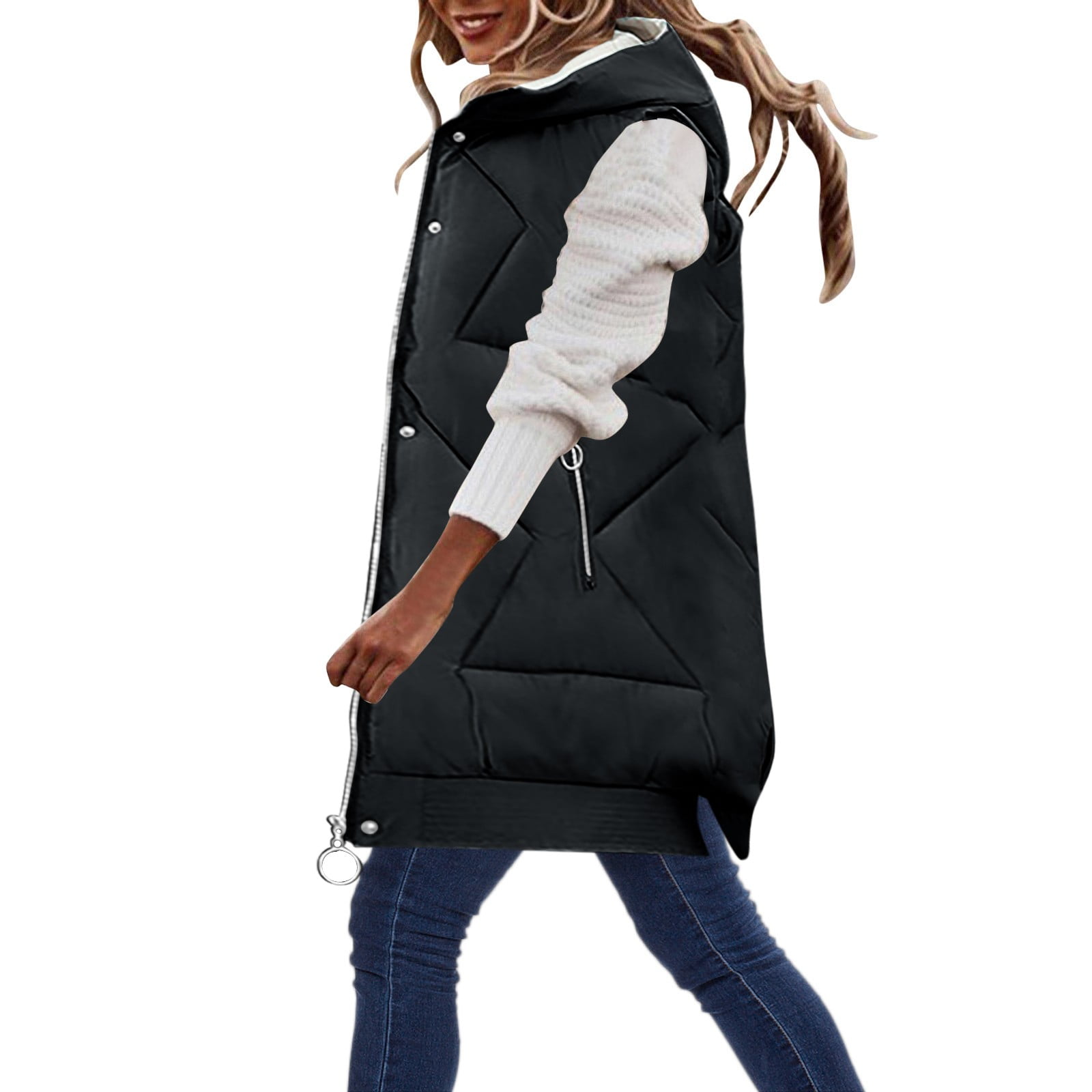 Women Coats Solid Color Hooded Single Medium Length Cotton Jacket Vest ...