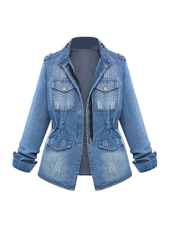 Women Coats and Jackets Clearance Plus Size Casual Womens Ladies Oversize Jeans Chain Jacket Pocket Coat