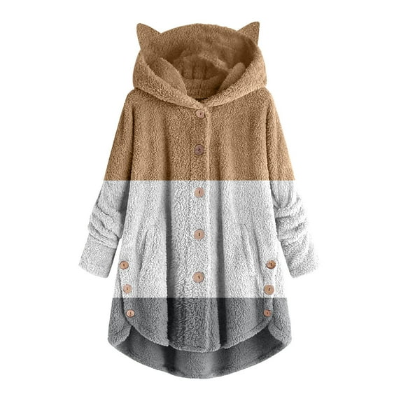 Women Coats and Jackets Clearance Women Button Plush Tops Hooded Loose Cardigan Solid Color Patchwork Coat Jacket