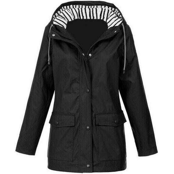 Women Coats and Jackets Clearance Women Solid Rain Jacket Outdoor Hooded Raincoat Windproof Top