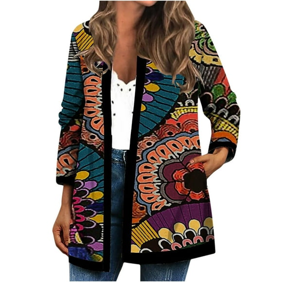 Women Coats and Jackets Clearance Women's Jacket Daily Holiday Workout Crop Fall Winter Cardigan Open Stitch Coat Casual Long Sleeve Floral Print Top
