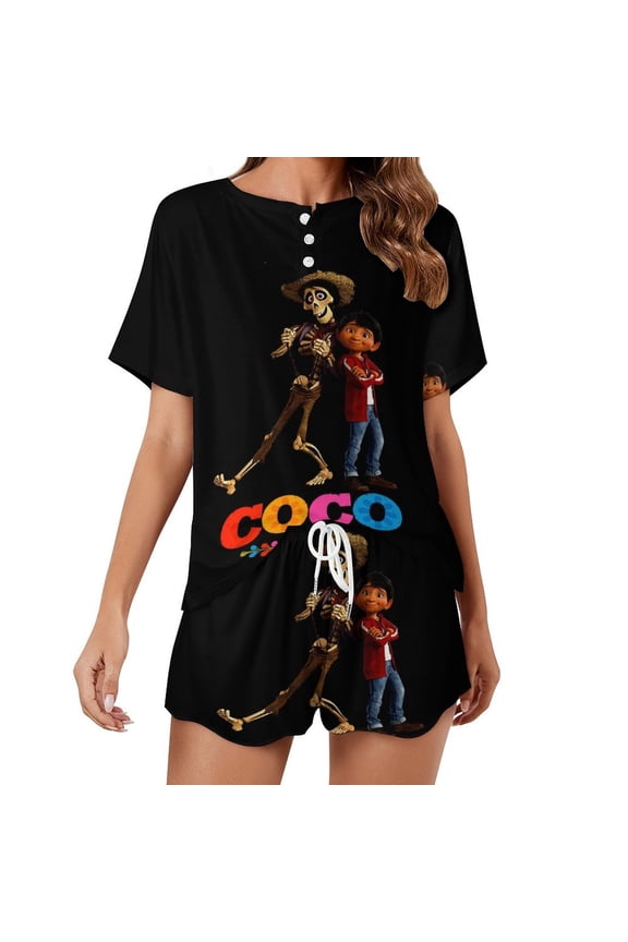 Women Coc Movie Summer Pajamas Set Loungewear Sleepwear Short Sleeve Shirt with Shorts