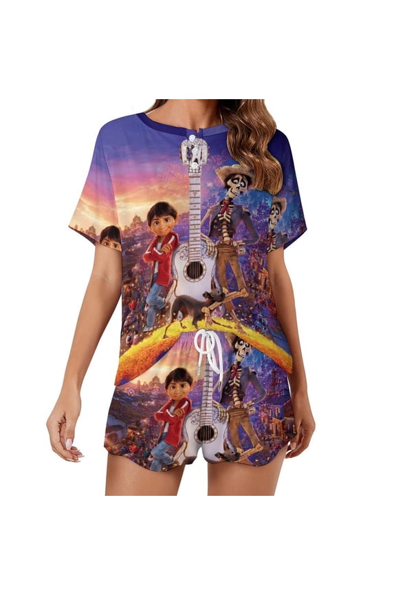 Women Coc Movie Summer Pajamas Set Loungewear Sleepwear Short Sleeve Shirt with Shorts