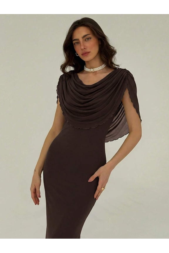 Women Coffee Brown Cowl Neck Drape Fit And Flare Maxi Dress