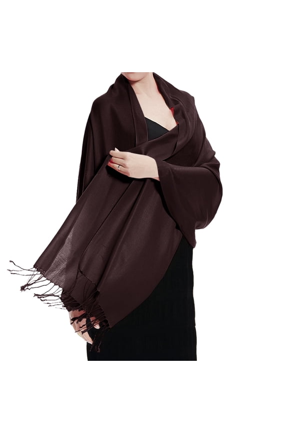 Women Coffee Brown Pashmina Shawl and Wrap Soft Solid Color Scarf with Fringes