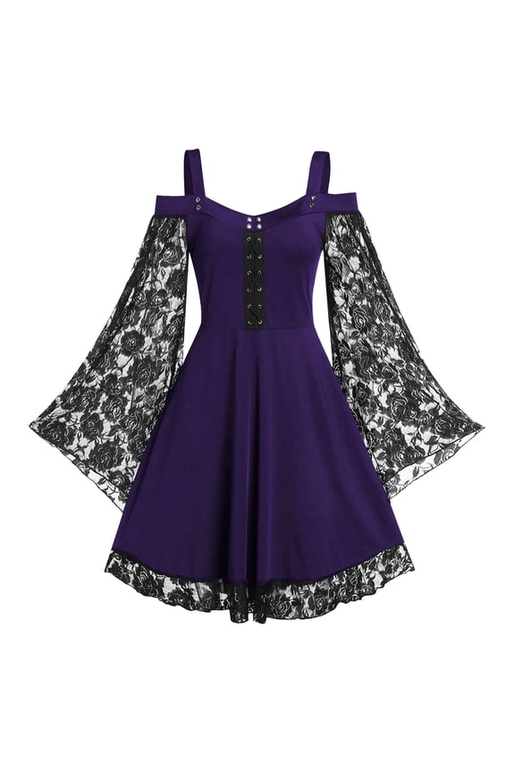 Women Cold Dress Corn Lace Flare Sling Fashion Sleeve Shoulder Insert Up Plus Size Dress Sparkly Dresses Pus Size Dresses Long Formal Dresses for Women Length Fall Dresses for Women Long Formal Gown