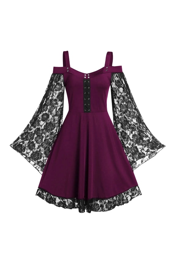 Women Cold Dress Corn Lace Flare Sling Fashion Sleeve Shoulder Insert Up Plus Size Dress Semi Formal Dresses for Women Formal Dresses for Women Evening with Sleeves plus Long Dresses for Women Evening