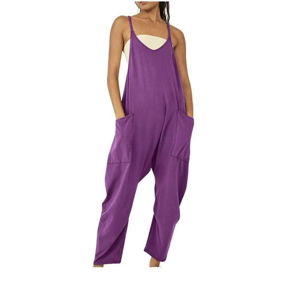 Women Cold Shoulder Jumpsuit Solid Suspender Jumpsuits Wide Pocket Leg Pants Purple L