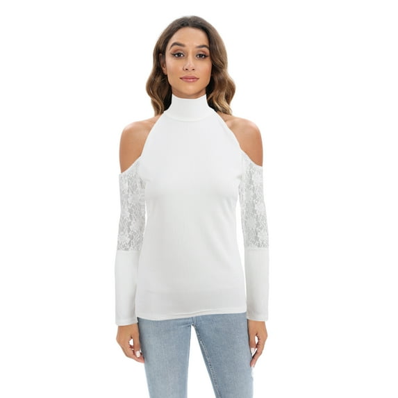Women Cold Shoulder Long Sleeve Lace Vintage Slim Fit Tunic Top