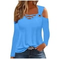 thumbnail image 1 of Women Cold Shoulder Long Sleeve Shirt Criss Cross Scoop Neck Tops Solid Color Tunic T-Shirts Blouse, 1 of 5