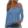 thumbnail image 1 of Women Cold Shoulder Long Sleeve Shirt Criss Cross Scoop Neck Tops Solid Color Tunic T-Shirts Blouse, 1 of 5