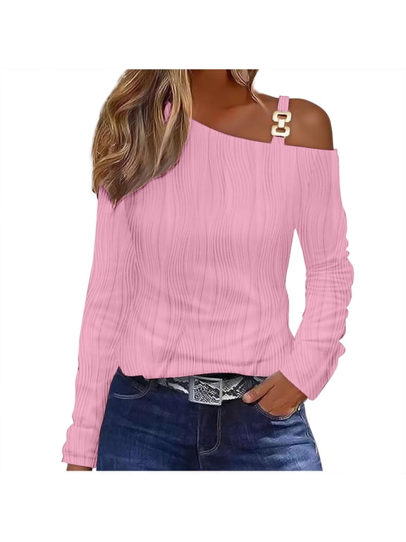 Women Cold Shoulder Long Sleeve Tops Metal Strap Fashion Cable Textured Polyester Fall Sexy Casual T Shirts Blouses (Large, Pink)