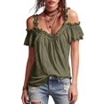 thumbnail image 1 of Women Cold Shoulder Ruffle Trim Top V Neck Short Sleeve Casual Blouse Green XXL, 1 of 6